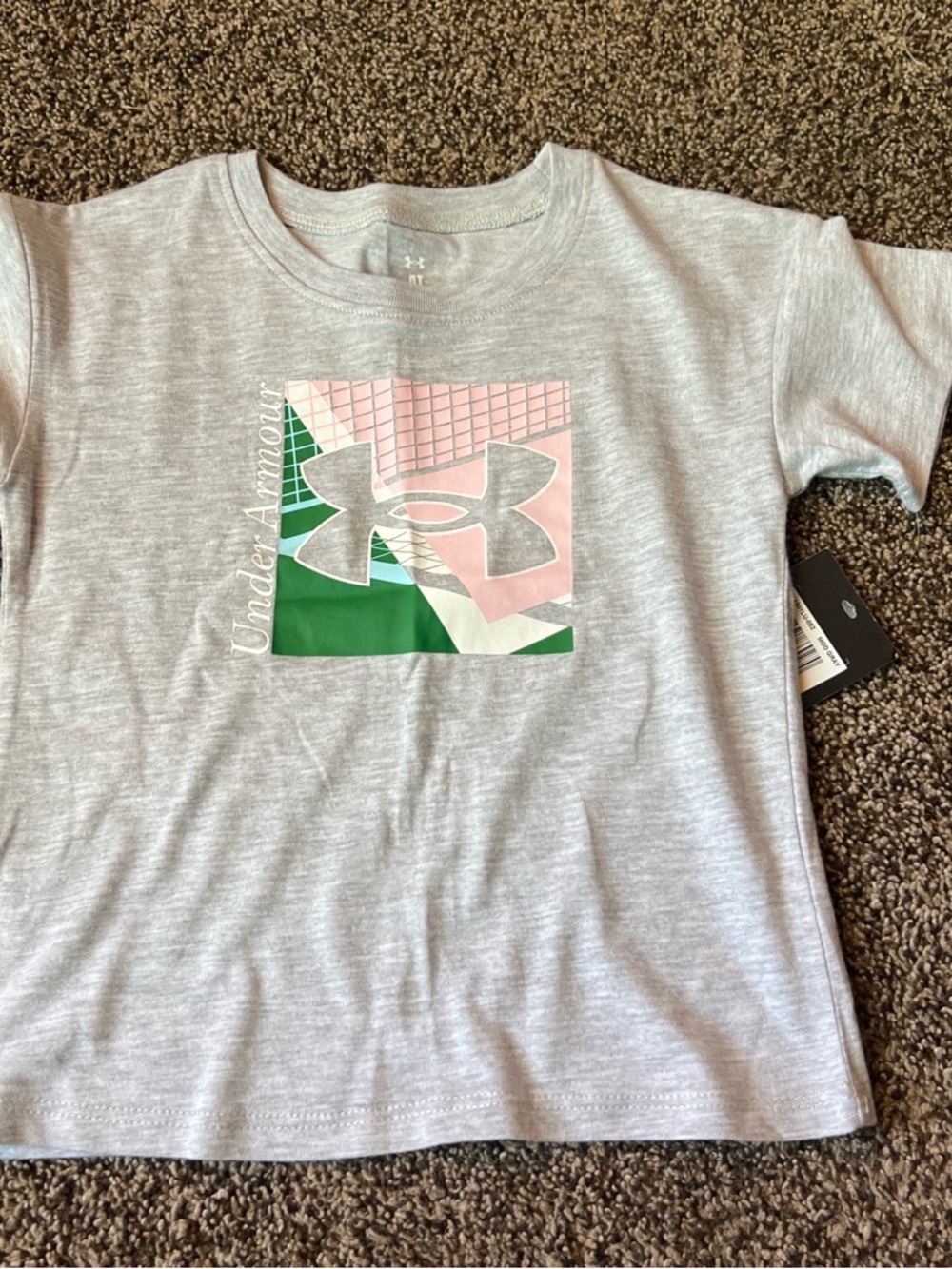 Under Armour Kids Heather Gray Logo Tee with Pink & Green Graphic